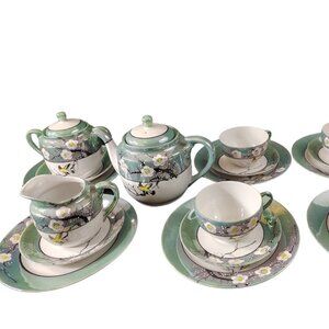 19 Vintage Japanese Cherry Blossom Tea Set Hand-Painted Porcelain Birds, Trees